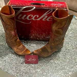 Lucchese 1883 Leila Cowgirl Boots Snip Toe Mosaic Red and Brown sz 9 B